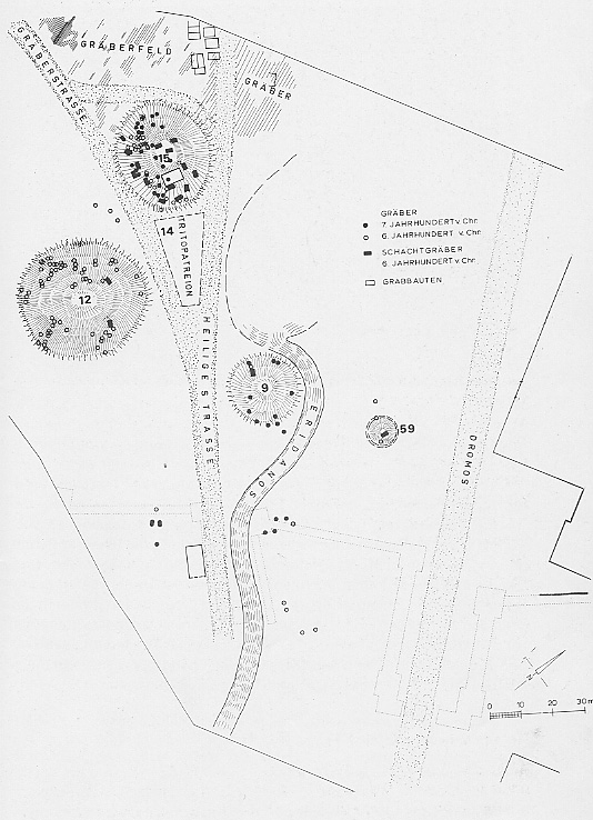 Plan des Kerameikos in archaischer Zeit. Die großen Grabhügel sind deutlich sichtbar. [Bildquelle:] U. Knigge, Der Kerameikos von Athen (1988) Abb. 17